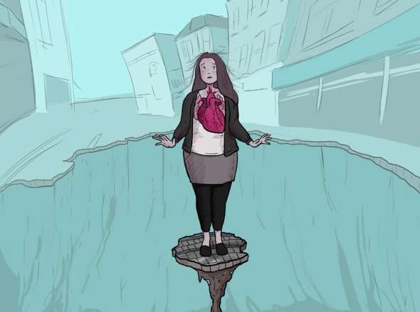 Girl stands on a precarious ledge, with a deep hole all aroun dher. Her face is flushed and her heart is huge and she looks like she will topple at any moment