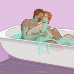 Slube Goo in bath to illustrate sexual compatibility. Two naked people squish against each other in a bath of slippery green goo