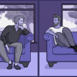 Two guys sit at opposite ends of the sofa, staring into the distance, but the perspective has shifted so instead of looking away from each other they look at each other, showing relationship counselling bringing them closer together