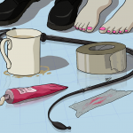 Two people's feet pictured after their filthy sex, nearby there is gaffer tape, a whip, a coffe cup and some ointment to soothe aching whip marks