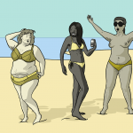 Three women with lots of body and face hair stand on the beach posing sexily and having a fabulous time - some of them might have PCOS and some of them might not we don't know