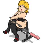 Joanne - curvy blonde wearing corset and stockings - sits on top of a fucking machine with a riding crop in hand