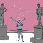 Woman in a bra and skirt stands between two statues of naked men on plinths. They are masturbating and big wads of spunk are raining down on her ecstatic face