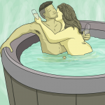 Two naked people canoodle in a hot tub while drinking prosecco. They are naked and smooching, and the tip of the guy's erection is slightly visible above the water line. One thing is clear though: they are definitely not indulging in a hot tub fuck