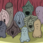 A choir of anthropomorphised vulvas and penises in a variety of shapes, sizes and colours