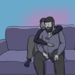Two bearded guys sit on a sofa, one sits behind the other giving him a big hug. They look slightly melancholy, like they're struggling to understand each other's love language