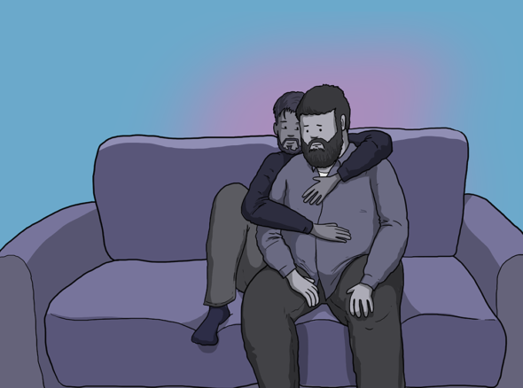Two bearded guys sit on a sofa, one sits behind the other giving him a big hug. They look slightly melancholy, like they're struggling to understand each other's love language