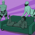 Three men in feminine lingerie lounge sexily by a sofa - showing off how to wear my knickers