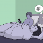 Woman lies naked on a bed, facing away from her partner with a speech bubble above her head with a furious squiggle in it. He plays with his phone, oblivious of how she feels about his sexual rejection.