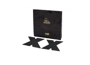 Bijoux nipple pasties in glittery black cross form, with box