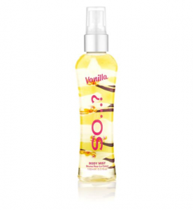 Clear plastic bottle with 'So...? Vanilla Body Mist' inside it