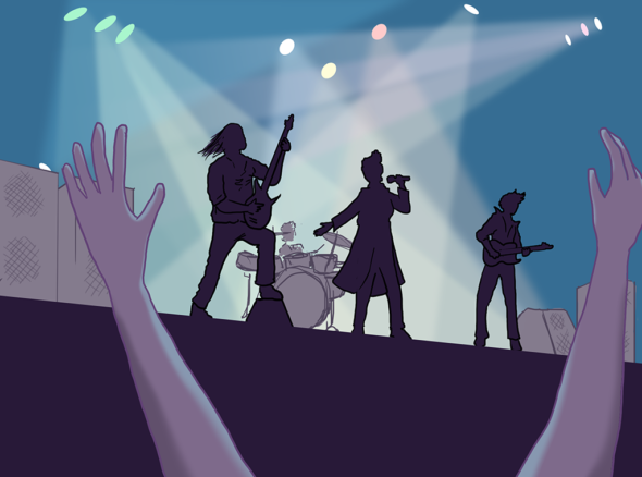 Two arms raised in front of a stage, where a band plays silhouetted against the stage lights