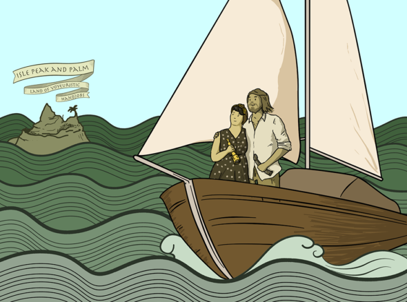 Two people in a boat sailing on an ocean to 'Isle peak and palm' - the island of voyeuristic handjobs
