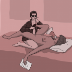 A naked woman lies on her back on the bed with a megaphone and a list in her hand, while a guy wearing a leather jacket and smoking a cigarette fucks her, nonchalantly