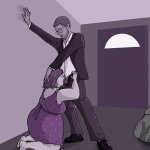 Woman kneels on the floor in hallway while guy in a suit who has just come in fucks her face