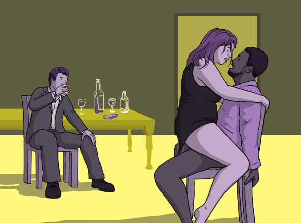 One man sits at a table drinking whisky and watching as his wife fucks another man sitting on a chair nearby