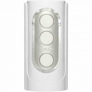 White tube with silver panel in center, and three buttons on the panel - this is the Tenga Flip Hole white