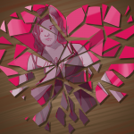 Image of a woman reflected in a mirrored heart, the mirrored heart is smashed and she does not intend to fall in love again