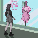 Woman in dungarees and big stompy boots looks longingly at a pink dress in the window of a shop, wondering if it will give her the femininity she's aiming for