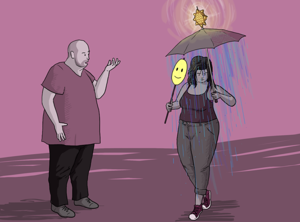 Woman with umbrella that is pouring rain on her head holds up a smiley face sign to a man who is asking her how she is. She is demonstrating 'I'm fine' but appears anything but