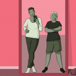 A guy and a girl swap clothes - standing in front of the mirror he is wearing a feminine cut top and jeans, and she is wearing shorts and a t-shirt. They look delighted with their outfits
