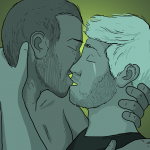Two guys sharing an intimate and passionate kiss of the kind you'd have before make-up sex - one of them has the trail of a tear running down his cheek