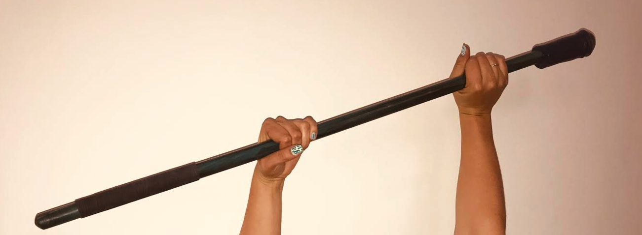 Against a white background, a woman's hands grasp a blue stick of about a meter in length with a silicone dildo attached to the end of it