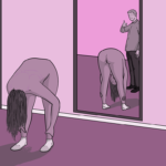 Naked woman bends over in front of mirror to try and get a look at her ass. Guy stands nearby giving her the thumbs up