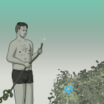 Man in his boxer shorts holds a hose which is dripping slightly and tangled so he can't get water out. In front of him there is a bush with a single blue flower