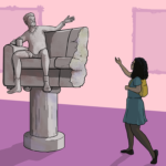 Statue of a guy sitting on a sofa in his boxers and socks sits on a pedestal while nearby a woman gestures at her muse joyfully