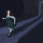 Woman in sexy clothes runs through dark - a shadowy predator seems to be following her