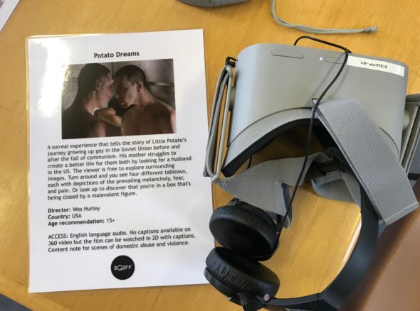 VR headset with image from 'potato dreams' and synopsis of film