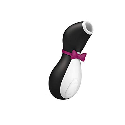 Vaguely penguin-shaped suction toy with a white tip where the suction goes and a purple bow tie round the neck