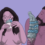Naked woman eats ice cream from a cup while naked man eats it from a huge cone