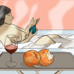 Woman in bath looking forward to getting fucked in the ass - she is lovingly cradling a douche, and nearby there is a glass of wine and two peaches