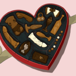 Box of chocolates in the shape of a heart, where all the chocolates are in the shape of different sex toys