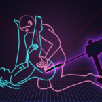 Woman (pictured in blue neons) lies on her back while man (pink neons) puts his dick in her. A fuckmachine in purple neons also has a dildo in her, and the transparent nature of the image means you can see both cocks stuffed into her cunt.