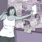 Woman smoking a cigarette and looking stressed standing in front of a board covered with blog images, extracts and ideas all linked together with string like it's a police investigation