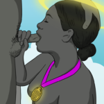 Woman with a halo and a medal round her neck that reads 'good girl' sucks a guy's cock