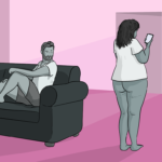 Woman in t-shirt and no knickers looks at her phone, while horny guy on sofa sits mesmerised by her bottomless look