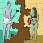 A jigsaw that is split in half depicts people in their underwear - one on each side of the broken jigsaw. He is wearing a pink blindfold, she is holding a wire and bolt cutters