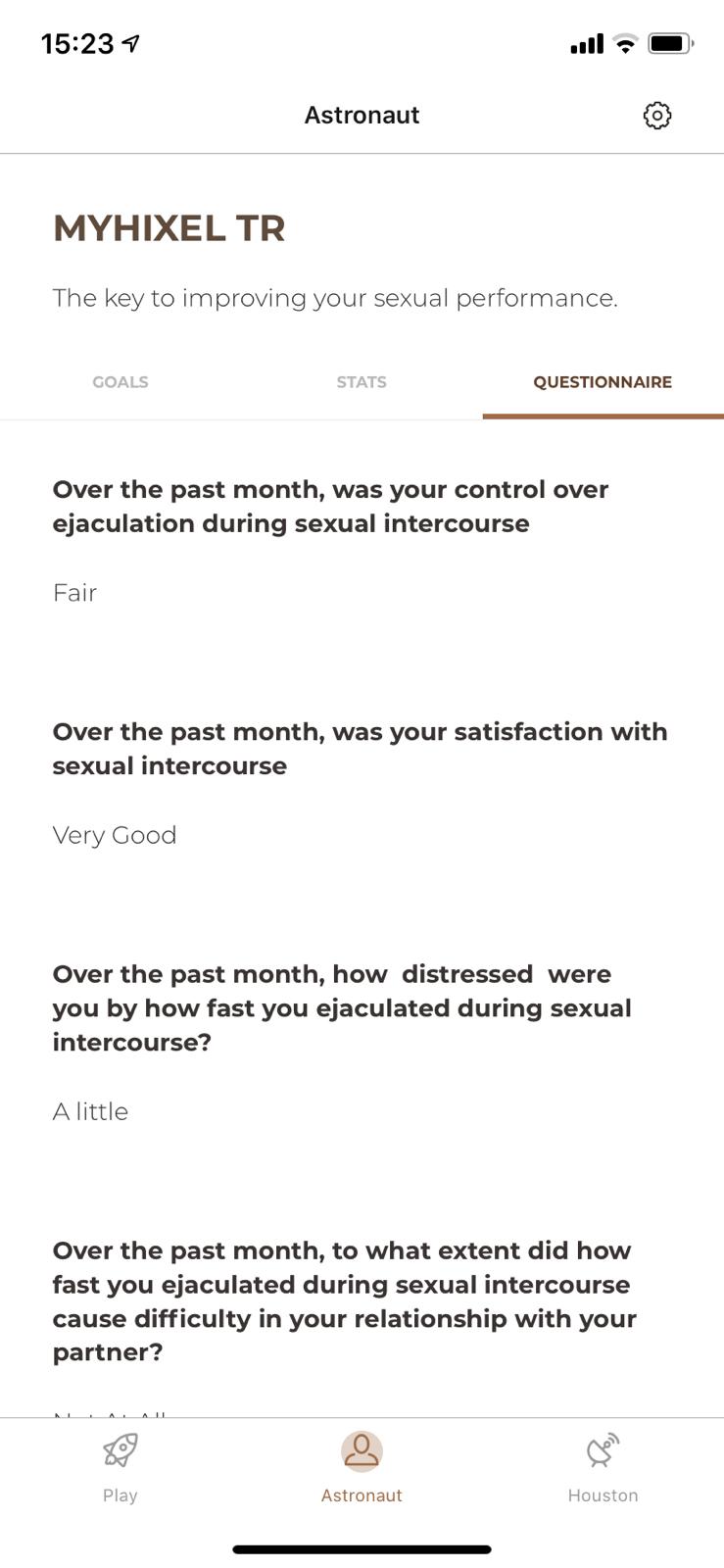 Screengrab from MyHixel app listing questions such as 'how satisfied would you say you are with your sex life?' and 'over the past month, how was your control over your ejaculation during sexual intercourse?'