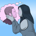 Woman imagines the face of a man, who she is kissing through the imagination bubble
