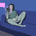 Woman sits on sofa looking happily at her phone, wearing knickers and a jumper