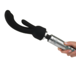 Hand holds silver Doxy 3R wand with screw-on rabbit attachment