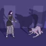 Woman in black dress holds her hands out as a naked man on the floor crouches on all fours like a dog. The shadows he casts on the walls are of huge wolves