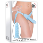 Package of silicone strap on system - a woman wearing a blue harness with a pale blue silicone cock inside it