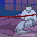 woman sleeps soundly in bed while behind her, curtained off with a red velvet rope, a man looks longingly at her as if he wants a cuddle