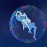 Two naked people shaggging inside a bright bubble, set against a backdrop of the night sky