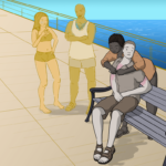 A woman undoes a guy's shirt button as he looks uncomfortable on a bench on a pier. Two of their friends, bathed in bright sunshine, look on in amusement